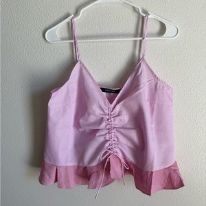 Sugarlips Striped Rouched Ruffle Hem Tank Too Pink Front Tie Spring Medium NWT